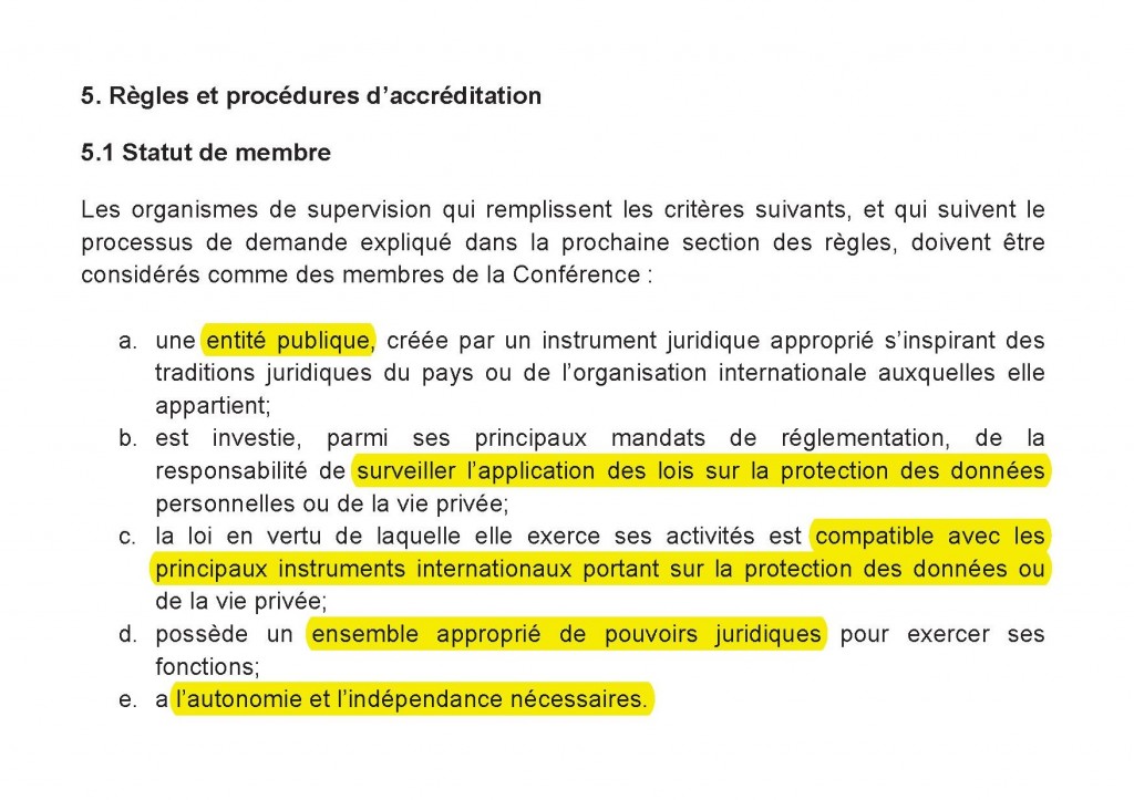Critères d'accréditation à la Conférence internationale (2011)